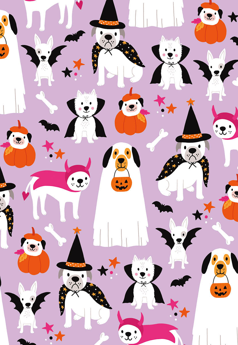 Cute Halloween greeting card featuring a repeating pattern of cartoon dogs dressed in various costumes like ghosts, witches, vampires, and devils, alongside pumpkins, bats, and stars on a light purple background. Perfect for sending festive wishes.