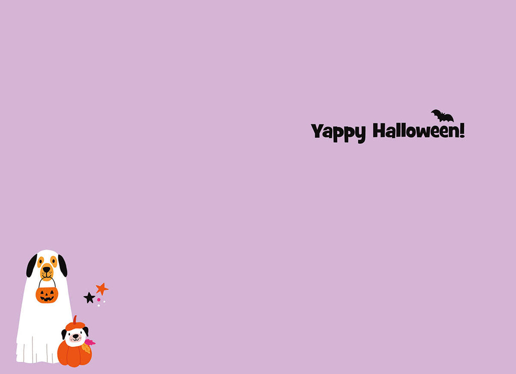 Interior of a Halloween greeting card on a light purple background, showing a ghost-costumed dog holding a pumpkin pail and a puppy in a pumpkin costume, with decorative bats and stars. The card reads 'Yappy Halloween!' in a playful font.