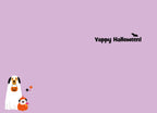 Interior of a Halloween greeting card on a light purple background, showing a ghost-costumed dog holding a pumpkin pail and a puppy in a pumpkin costume, with decorative bats and stars. The card reads 'Yappy Halloween!' in a playful font.