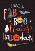 Cute Halloween greeting card front featuring a witch hat, friendly ghost, smiling jack-o'-lantern, flying bats, and stars on a black background, with the message 'Have a FAB-BOO-LOUS Halloween'.