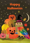 Cute Halloween greeting card featuring a colorful owl wearing a witch hat and striped scarf, surrounded by smiling jack-o'-lanterns and pumpkins under a starry night sky with a crescent moon. The card reads 'Happy Halloween'.