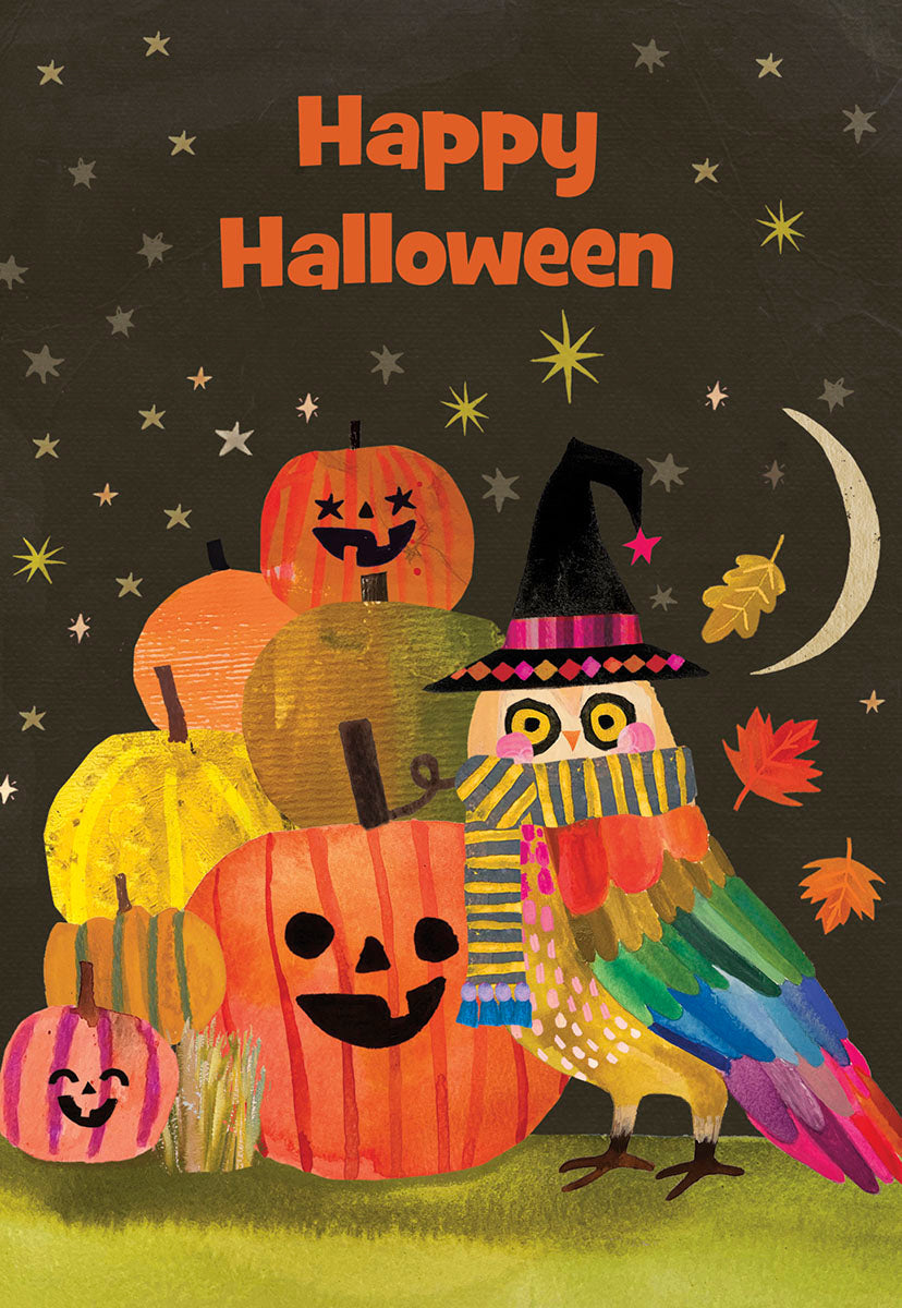 Cute Halloween greeting card featuring a colorful owl wearing a witch hat and striped scarf, surrounded by smiling jack-o'-lanterns and pumpkins under a starry night sky with a crescent moon. The card reads 'Happy Halloween'.