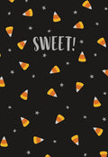 Close-up of a festive greeting card with a black background, featuring a playful pattern of orange, yellow, and white candy corn pieces and small grey stars. The word 'SWEET!' is prominently displayed in the center in a friendly, light gray font, perfect for a joyful autumn celebration.