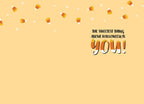 Inside view of a cute greeting card with a warm, light yellow background. A border of candy corn and small white stars decorates the top edge. The heartfelt message 'THE SWEETEST THING ABOUT HALLOWEEN IS YOU!' is printed in a charming black and orange font, making it ideal for expressing affection.