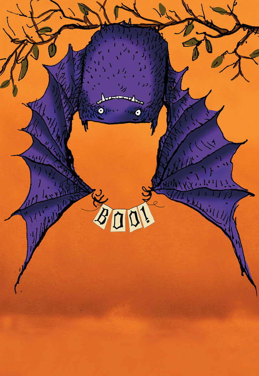 Cute purple cartoon bat hanging upside down from a tree branch against an orange background, holding a banner with 'BOO!' for a child's Halloween greeting card.