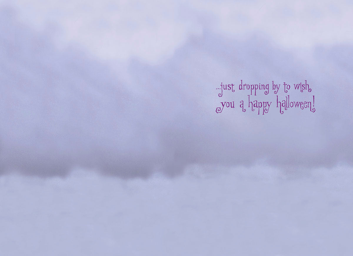 Inside of a spooky cute greeting card with a light purple and grey cloud-like background, featuring the message '...just dropping by to wish you a happy Halloween!' in whimsical purple script.