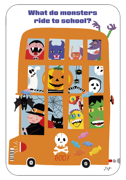 Triple Decker Ghoul Bus with Funny Monsters Halloween Card