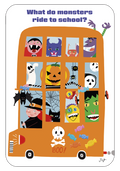 Front of a funny kids' Halloween greeting card featuring a brightly colored orange school bus packed with smiling cartoon monsters like Dracula, a ghost, witch, and Frankenstein, asking 'What do monsters ride to school?'