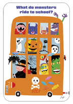 Front of a funny kids' Halloween greeting card featuring a brightly colored orange school bus packed with smiling cartoon monsters like Dracula, a ghost, witch, and Frankenstein, asking 'What do monsters ride to school?'