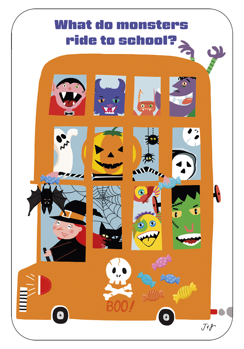 Front of a funny kids' Halloween greeting card featuring a brightly colored orange school bus packed with smiling cartoon monsters like Dracula, a ghost, witch, and Frankenstein, asking 'What do monsters ride to school?'