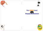 Inside of a funny Halloween card revealing the punchline 'The GHOUL bus!' with 'Happy Halloween' text, a flying bat, ghost, and spiders against a white background.