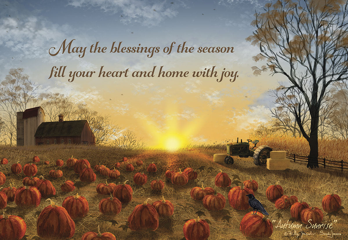 Autumn sunrise greeting card with a pumpkin patch, red barn, tractor, bare trees, and a crow under a golden sky. Features a heartfelt message for the season.