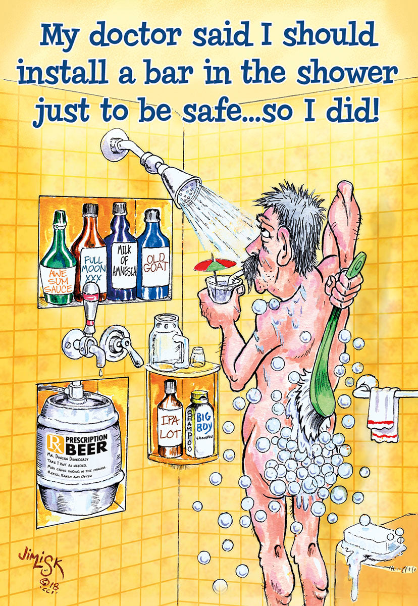 Man Showering with Keg and Alcohol Bottles Birthday Card