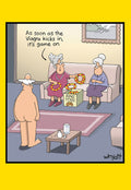 Funny Sassy adult humor greeting card for him featuring a nude elderly man, two women playing ring toss, and a Viagra joke for a spouse's special day.