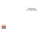 Inside of a humorous birthday card for seniors, with the message 'All signs point to a Happy Birthday!' and a small image of a bumper sticker covered car.