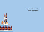 Inside of a light blue greeting card with the message 'Hope this finds you in your happy place!', surrounded by stylized liquor bottle illustrations, ready for a personalized message.