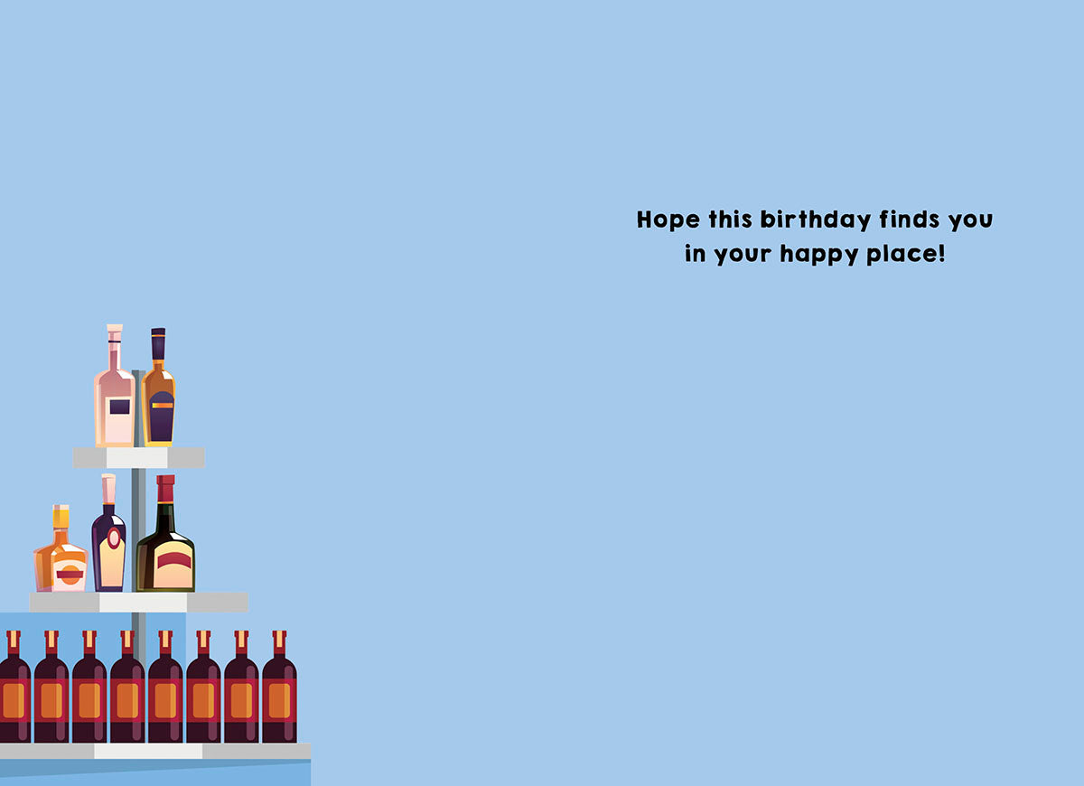Inside of a light blue greeting card with the message 'Hope this finds you in your happy place!', surrounded by stylized liquor bottle illustrations, ready for a personalized message.