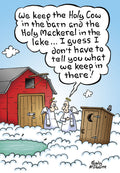 Funny birthday card cover art depicting two cartoon angels in clouds next to a red barn and an outhouse, one angel telling a joke about 'Holy Cow' and 'Holy Mackerel' leading to the punchline about the outhouse. Features clear, vibrant colors.