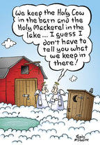 Funny birthday card cover art depicting two cartoon angels in clouds next to a red barn and an outhouse, one angel telling a joke about 'Holy Cow' and 'Holy Mackerel' leading to the punchline about the outhouse. Features clear, vibrant colors.