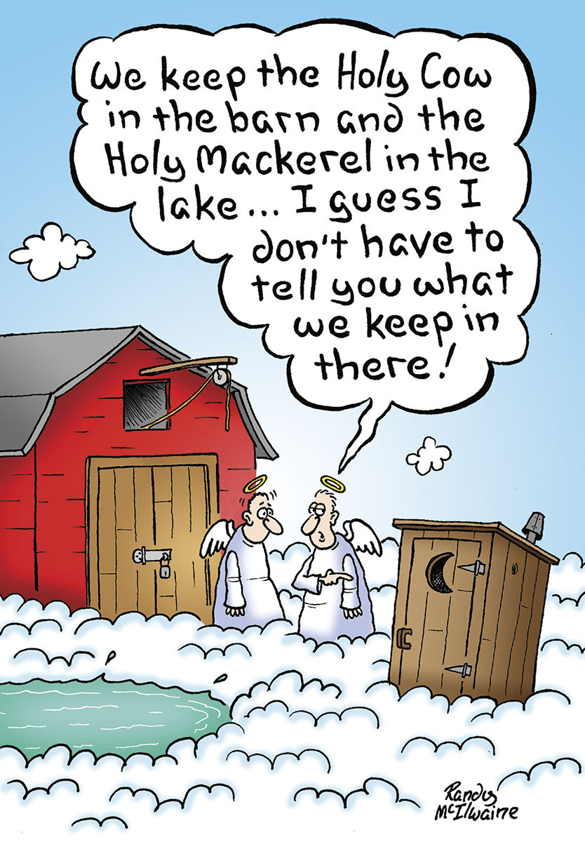 Funny birthday card cover art depicting two cartoon angels in clouds next to a red barn and an outhouse, one angel telling a joke about 'Holy Cow' and 'Holy Mackerel' leading to the punchline about the outhouse. Features clear, vibrant colors.
