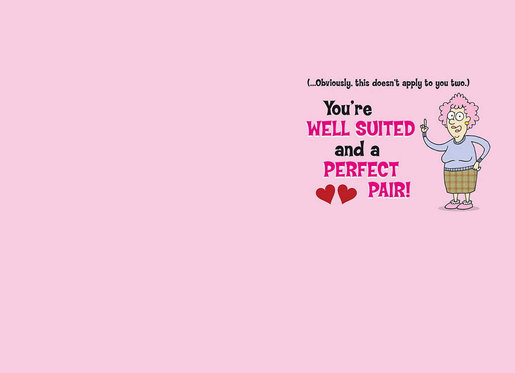 Inside of a humorous anniversary card with a cartoon old woman and text 'You're WELL SUITED and a PERFECT PAIR!' with two hearts, suitable for a couple.