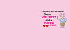 Inside of a humorous anniversary card with a cartoon old woman and text 'You're WELL SUITED and a PERFECT PAIR!' with two hearts, suitable for a couple.