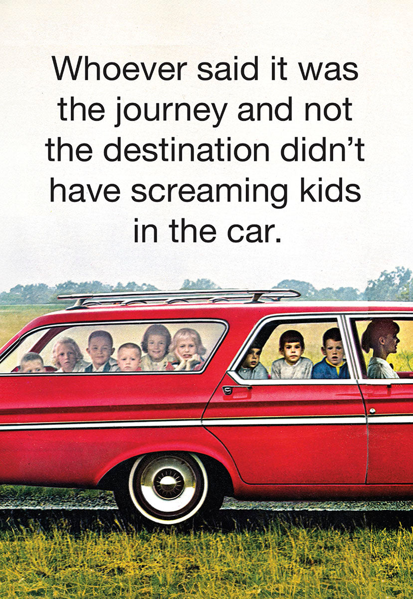 Funny Mother's Day greeting card featuring a vintage red station wagon packed with many children, depicting a relatable and humorous scene for moms.