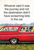 Funny Mother's Day greeting card featuring a vintage red station wagon packed with many children, depicting a relatable and humorous scene for moms.