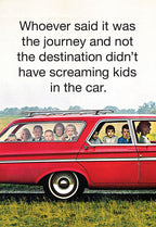 Funny Mother's Day greeting card featuring a vintage red station wagon packed with many children, depicting a relatable and humorous scene for moms.