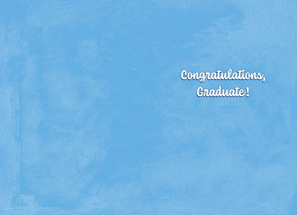 Inside of a light blue graduation card featuring elegant cursive text 'Congratulations, Graduate!' on a clean, simple background.