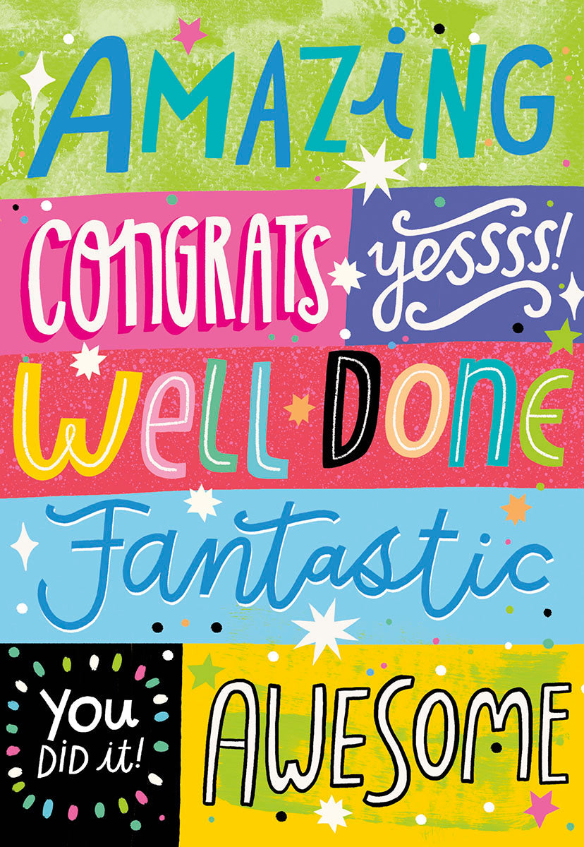 Colorful graduation greeting card front featuring celebratory words like 'AMAZING', 'CONGRATS', 'WELL DONE', 'Fantastic', 'you DID it!', and 'AWESOME' in bright, bold typography with scattered stars.