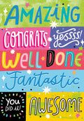 Colorful graduation greeting card front featuring celebratory words like 'AMAZING', 'CONGRATS', 'WELL DONE', 'Fantastic', 'you DID it!', and 'AWESOME' in bright, bold typography with scattered stars.