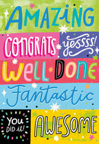 Colorful graduation greeting card front featuring celebratory words like 'AMAZING', 'CONGRATS', 'WELL DONE', 'Fantastic', 'you DID it!', and 'AWESOME' in bright, bold typography with scattered stars.
