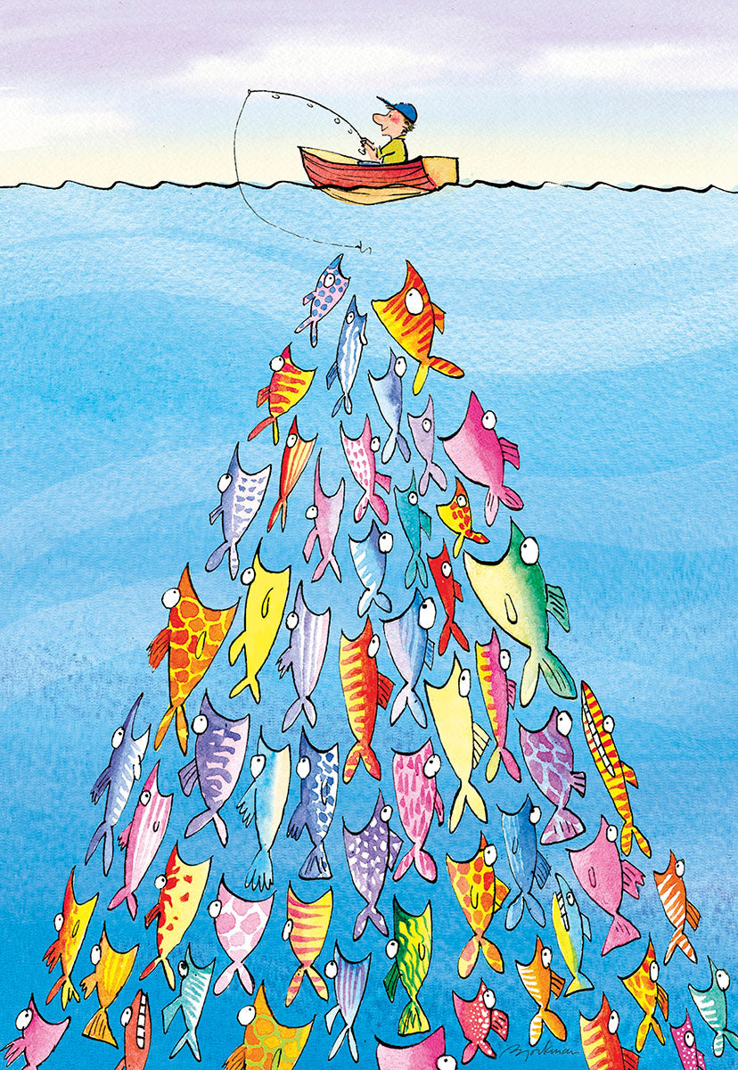 Whimsical illustration of a man fishing from a small boat, surrounded by a large school of brightly colored, cartoonish fish creating a pyramid beneath his line. Humorous Father's Day greeting card cover.