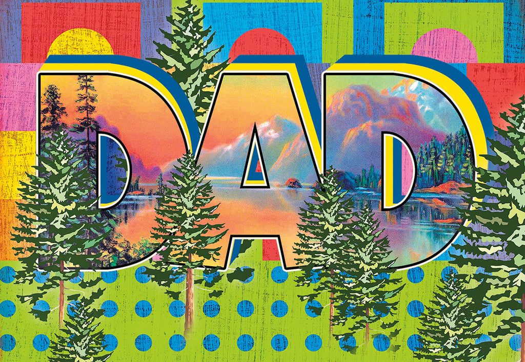 Colorful Father's Day greeting card featuring the word DAD with a scenic mountain, lake, and pine tree landscape inside, set against a vibrant geometric background. Perfect for nature-loving fathers.