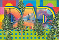 Colorful Father's Day greeting card featuring the word DAD with a scenic mountain, lake, and pine tree landscape inside, set against a vibrant geometric background. Perfect for nature-loving fathers.