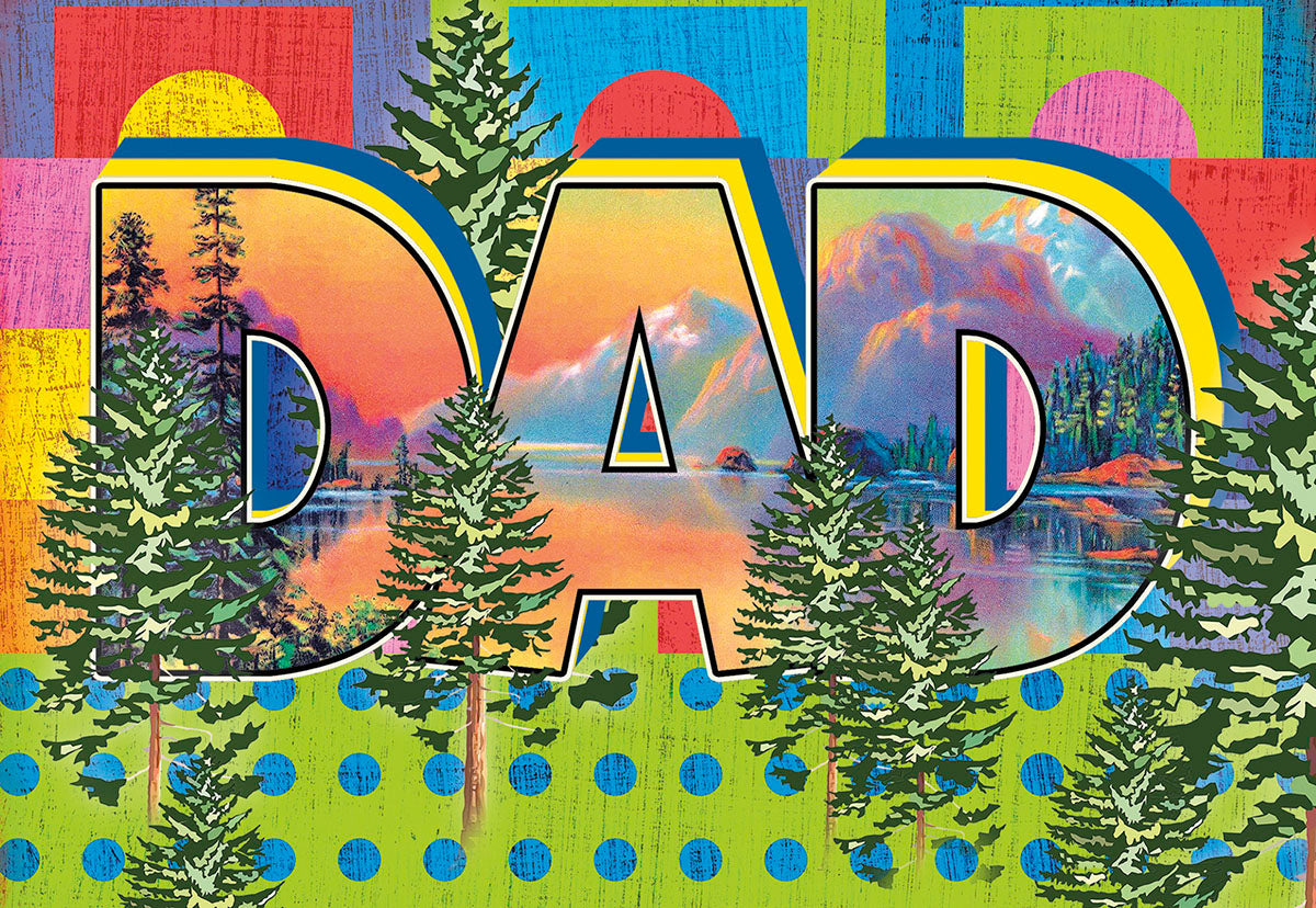 Colorful Father's Day greeting card featuring the word DAD with a scenic mountain, lake, and pine tree landscape inside, set against a vibrant geometric background. Perfect for nature-loving fathers.