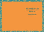Inside of a heartfelt Father's Day greeting card featuring a grateful message: 'I don't know how I got so lucky, but I'm grateful every day for a dad like you. Happy Father's Day' on a plain orange background with a teal and gold decorative border.