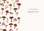 Interior of a humorous Father's Day card showing the message 'Love you so mush. Happy Father's Day' in elegant script with a vibrant mushroom border on a light cream background.