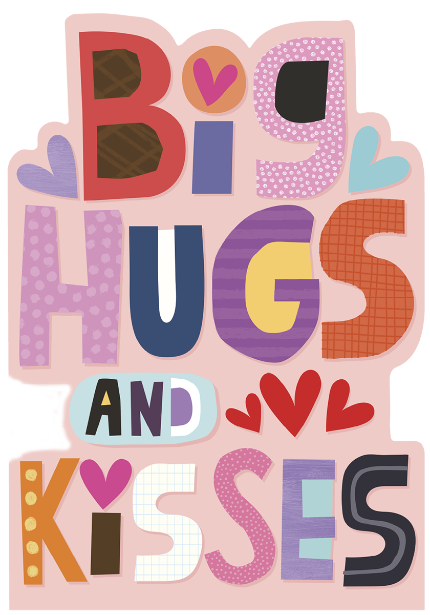 Front view of a playful Valentine's greeting card featuring bold, colorful 'BIG HUGS AND KISSES' text with scattered hearts on a soft pink background.