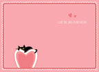 Inside of a cute romantic greeting card with a light pink background, showing a small black cat peeking over a heart and the punny message 'I LOVE YOU, AND I'M NOT KITTEN!' perfect for a spouse or loved one.