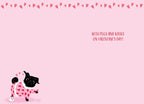Interior view of a cute Valentine's Day card with a light pink background, bordered by small pink hearts. The bottom left features a black pug in pink heart pajamas, while the top right message reads 'WITH PUGS AND KISSES ON VALENTINE'S DAY!' in a charming red font. Ideal for expressing love to a spouse.