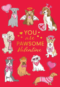 Front of a 'Pawsome Valentine's Day' greeting card featuring nine whimsical cartoon dogs on a vibrant red background. Dogs wear various heart-themed accessories like crowns, halos, bandanas, and hold heart balloons or roses. The central text reads 'YOU are PAWSOME Valentine'.