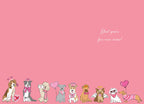 Inside of a romantic greeting card with a soft pink background. A row of cartoon dogs, dressed in Valentine's Day accessories like heart bows and crowns, lines the bottom. Elegant cursive text reads 'Glad you're fur-ever mine!'.
