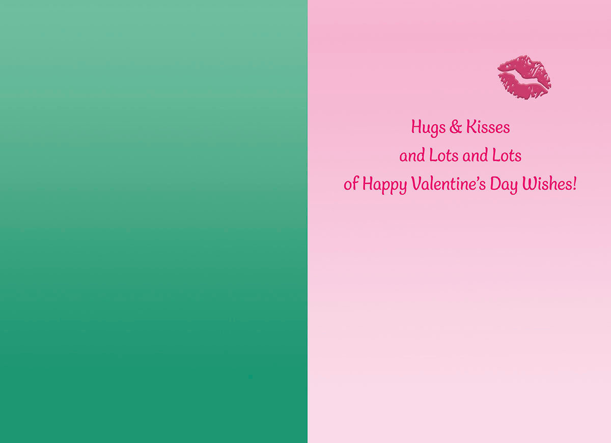 Open Valentine's Day greeting card showing the interior. The right panel is light pink with the message 'Hugs & Kisses and Lots and Lots of Happy Valentine's Day Wishes!' in elegant script, accompanied by a pink lipstick kiss icon. The left panel is solid teal, complementing the front cover design.