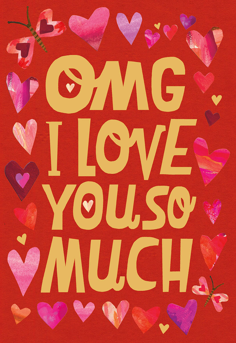 Front of a vibrant red Valentine's Day greeting card featuring 'OMG I LOVE YOU SO MUCH' in bold gold lettering, surrounded by artistic watercolor hearts and whimsical butterflies in shades of pink and purple.