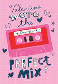 Front of a retro Valentine's Day greeting card for her, featuring a pink grid pattern, a red cassette tape with 'I love you' and text 'Valentine, we're the perfect mix'. Dark blue hearts and doodles surround the design.