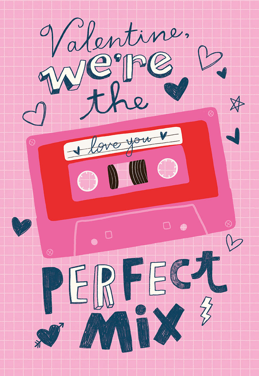Front of a retro Valentine's Day greeting card for her, featuring a pink grid pattern, a red cassette tape with 'I love you' and text 'Valentine, we're the perfect mix'. Dark blue hearts and doodles surround the design.