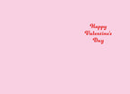 Inside of a light pink greeting card displaying the message 'Happy Valentine's Day' in elegant red script font, with ample blank space for a personalized handwritten message.