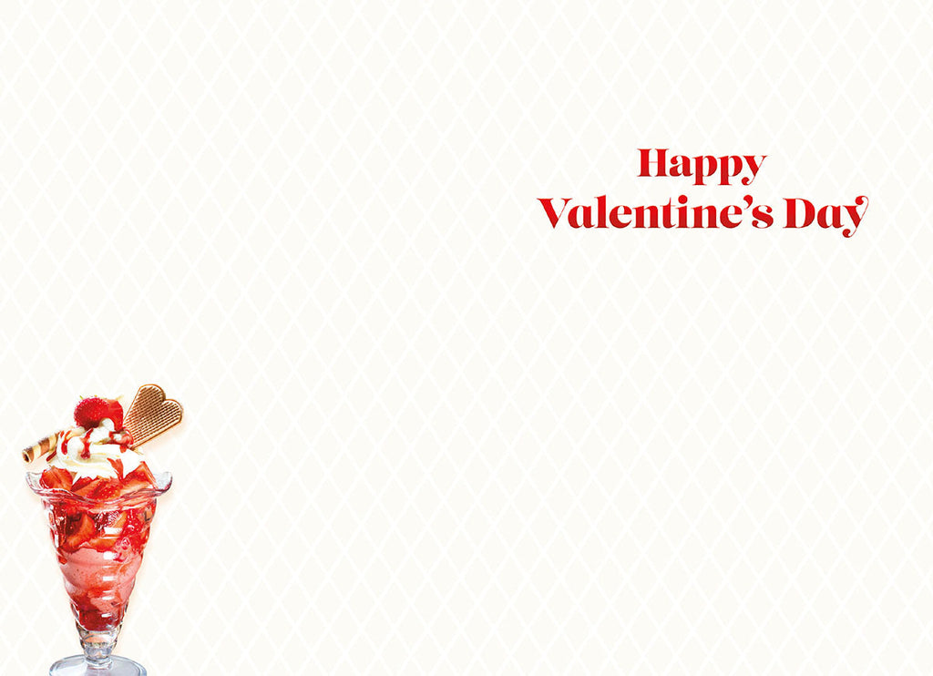 Inside a Valentine's Day greeting card showing a small detail of a strawberry sundae at the bottom left. The right side features the message 'Happy Valentine's Day' in red text against a clean, cream lattice background, offering ample space for a personal handwritten message.